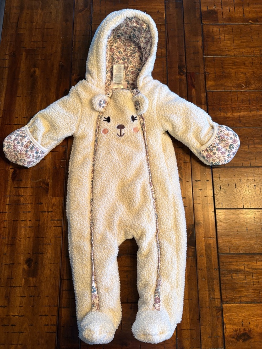 Little Lass Cream Sherpa Bear Hooded One-Piece Bunting - 3/6 Month - NWOT